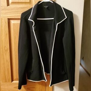 Talbots Women’s Size Large Black With White Trim Cardigan Sweater Front Pockets